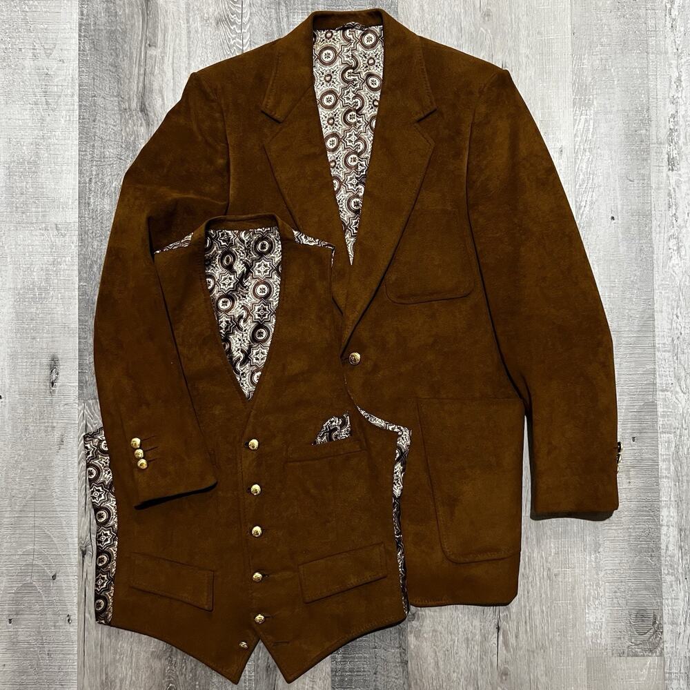 VTG 70s Brown Suede 3 Piece Blazer Jacket Vest Gold Buttons Men's 40L Sport Coat